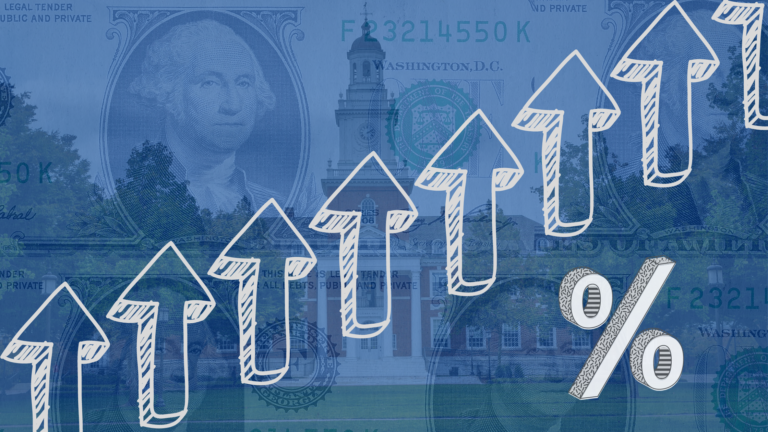 Buliding with a transparent overlay of multiple $1 bills with up arrows and a percentage sign