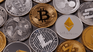 10 different coins representing cryptocurrencies popular in 2022